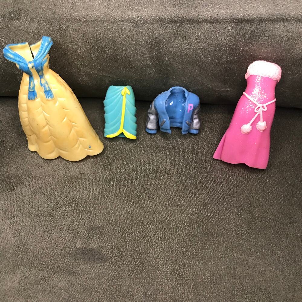 4 Polly Pockets Yellow Pink Dress Teal Skirt Blue Jacket